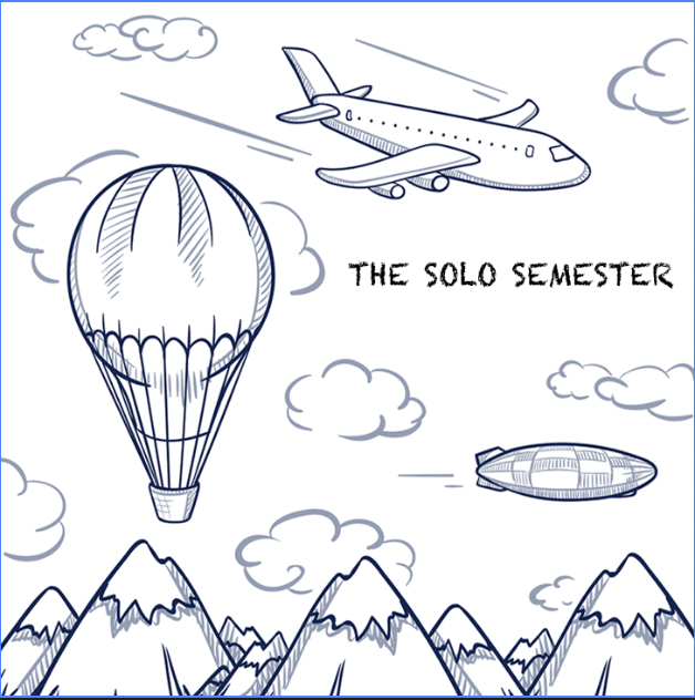 Banner image with airplane and hot air baloon over mountains with clouds